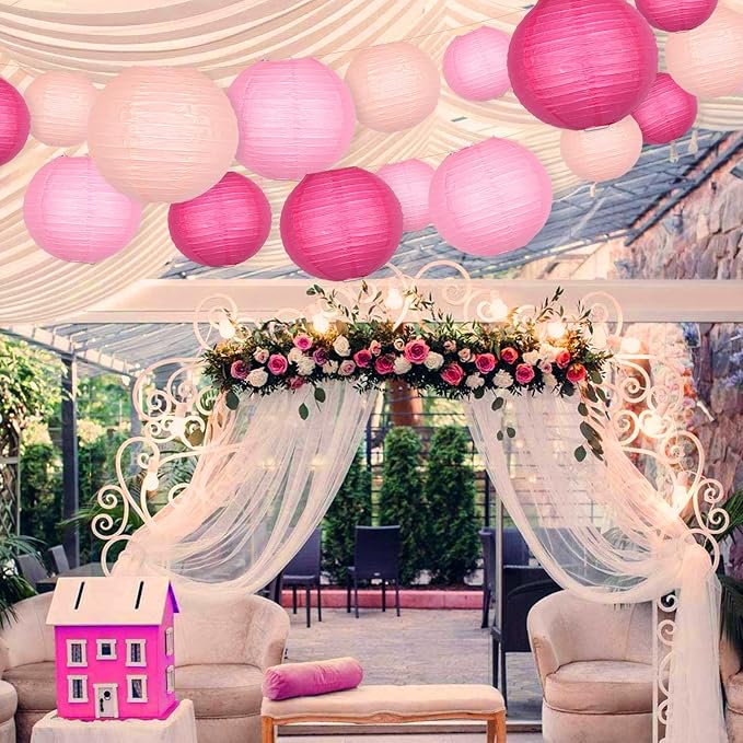 Hanging Paper Lanterns Decorative, Pink Chinese Paper Lanterns Ceiling Party Decorations with 16 LED Lights for Weddings Anniversaries Valentine's Day Bridal Shower Decorations, Pack of 16