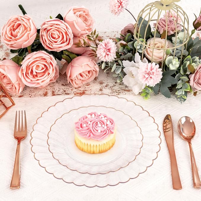 YOUBET 60PCS Rose Gold Plastic Plates - Scalloped Disposable Plates include 30 Dinner Plate, 30 Dessert Plate for Party & Wedding & Baby Shower