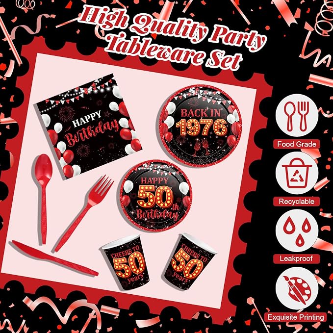 240 Pcs 50th Birthday Decorations 1976 Birthday Party Tableware Include Plates Napkins 9oz Cups Cutlery 50th Anniversary Party Supplies for Men Women Him Her, Serve 30 Guests (Black Red)