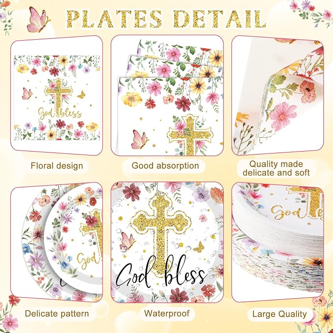 400 Pcs God Bless Flower Baptism Party Decoration Girl for 50, First Communion Confirmation Paper Plates Napkins Cups Cutlery Baptism Tableware for Christening Baby Shower Party Supply