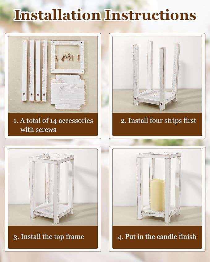 Huquary 24 Pcs/12 Set Wooden Wedding Lantern Centerpiece Rustic Lantern Candle Holders with Flameless LED Candles for Home Christmas Wedding Party Table Decoration(White)