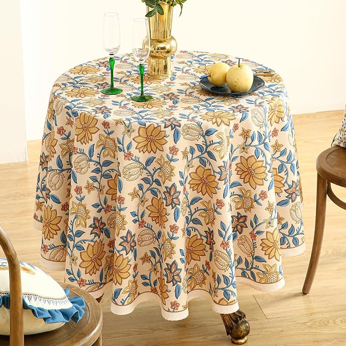 ISAENNE Designer Vintage Linen Round Tablecloth,Diameter 55"-Estevan B | French Elegant Beautiful Printed Table Cloth,Orange Floral Pattern,Durable,Dining,Kitchen,Tea Party,Thanksgiving,Decor