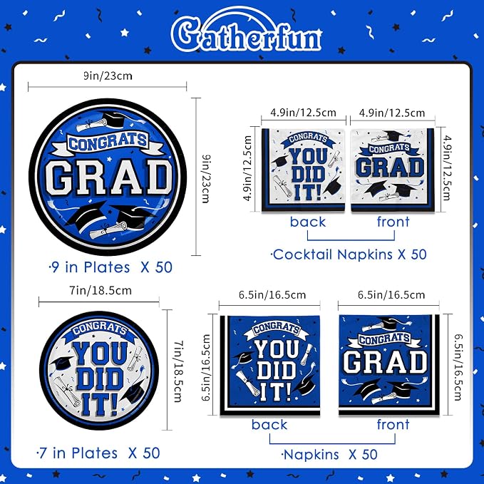 Graduation Party Supplies Dinnerware Set blue Disposable dinner paper plates dessert paper plates and Napkins for Congrats Grad Party Decorations, Serve 50