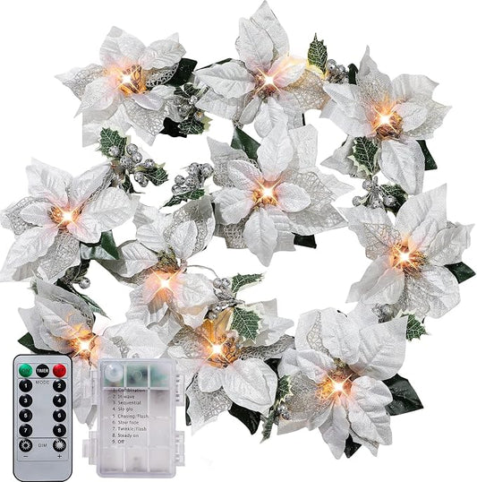 Zubebe 2 Pcs Prelit Poinsettia Christmas Garland with String Lights Glitter Holly Leaves Berries Remote Timer 8 Modes 6.5 ft Lighted Flower Garland Battery Operated Indoor Outdoor Decor(Silver)