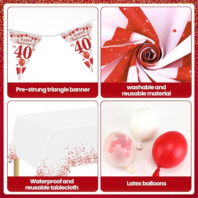 Red Happy 40th Anniversary Decorations for Men Women, Red White 40th Wedding Anniversary Party Decorations Banner, Porch Banner, Triangle Flag, Tablecloth and Balloons Kit Party Supplies