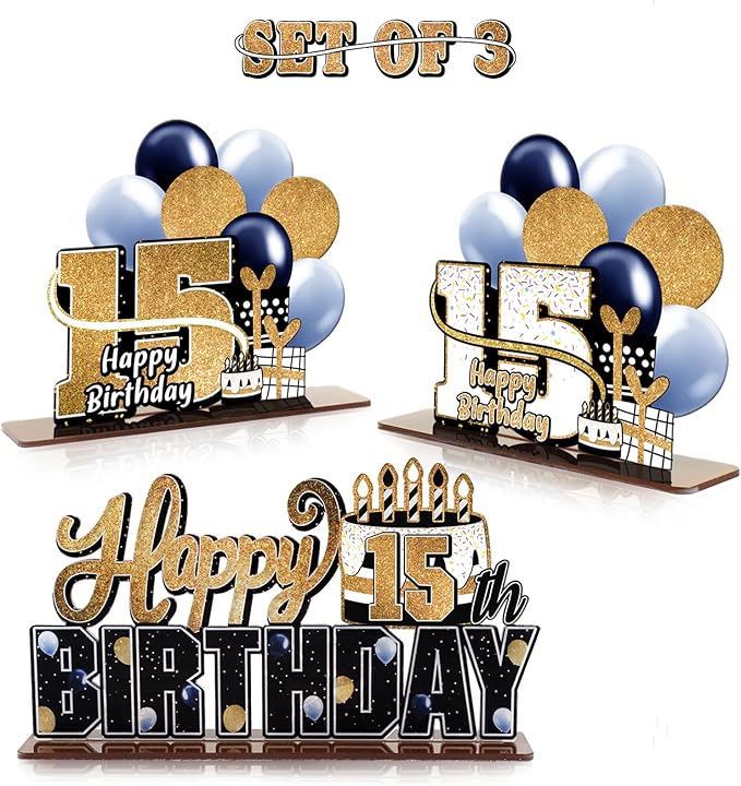 LINGTEER Happy 15th Birthday Gold Acrylic Table Topper Centerpieces Set - Cheers to Fifteen Years Old Birthday 15th Bday Party Gift Decorations.