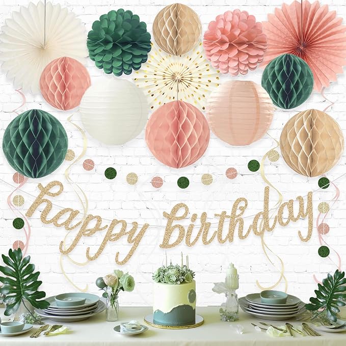 Pink Sage Green Happy Birthday Decorations, Pre-Strung Happy Birthday Banner with Honeycomb Balls, Paper Flowers, Lanterns, Hanging Swirls, Circle Dots Garland for Birthday Party Decorations 24pcs