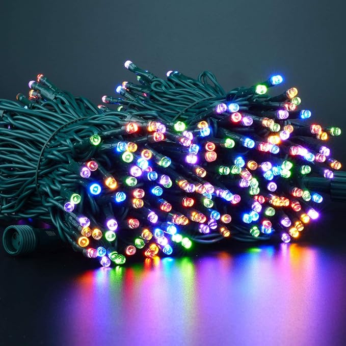 YULETIME 300 Multicolor String Lights, 100 ft 8 Models Green Wire 5mm LED | Wide Angle Bulbs, Safe 29V Adapter, Multimode Lighting, Connectable, 100' Total Length, 1-Strand 300 Lights, 4" Spacing