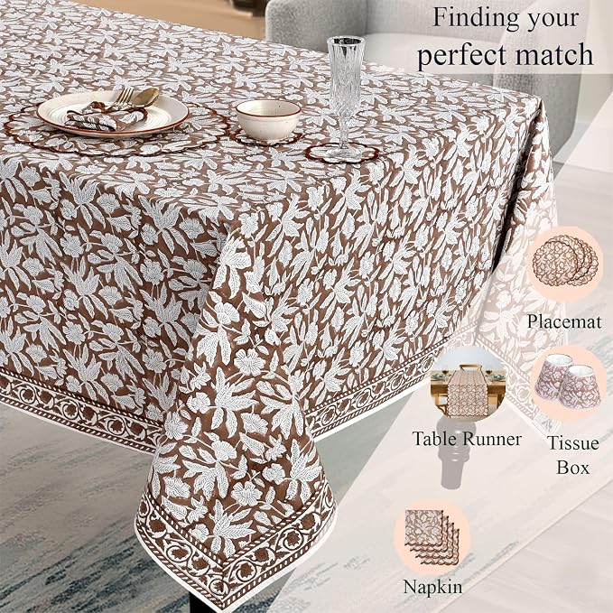 Ridhi Oak Brown Hand Block Print Cotton Rectangle Tablecloth 120" x 80" inches Reusable Table Cover Decorative Everyday Use for Dining Room, Farmhouse, Home Gift for Spring, Mother's Day