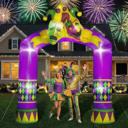 Capoda 10ft Mardi Gras Inflatable Decorations Mardi Gras Inflatable Arch Blow Up Jester Mask Yard Built in LED Lights for Halloween Carnival Theme Party Yard Garden Outdoor Supplies