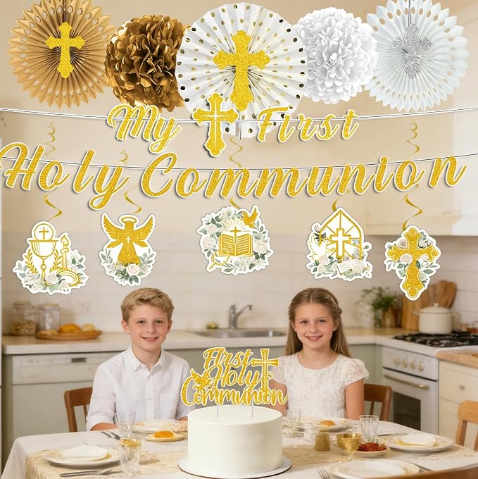 Rakuto First Communion Party Decorations, 13PCS Primera Comunion Decoracion Set with Banners Hanging Swirls Paper Fans Decoration, First Holy Baptism Cake Toppers and Paper Pom Poms Decor Supplies