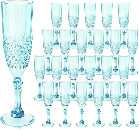 Plastic Champagne Flutes, Champagne Glasses Bulk, Reusable Unbreakable Acrylic Wine Glasses Goblets for Weddings Bachelor Parties Toasting Bridal Shower (24, Light Blue)