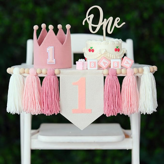 First Birthday Party Decorations Pink High Chair Banner 1st Crown One Cake Topper 1st Birthday Decor for Girl