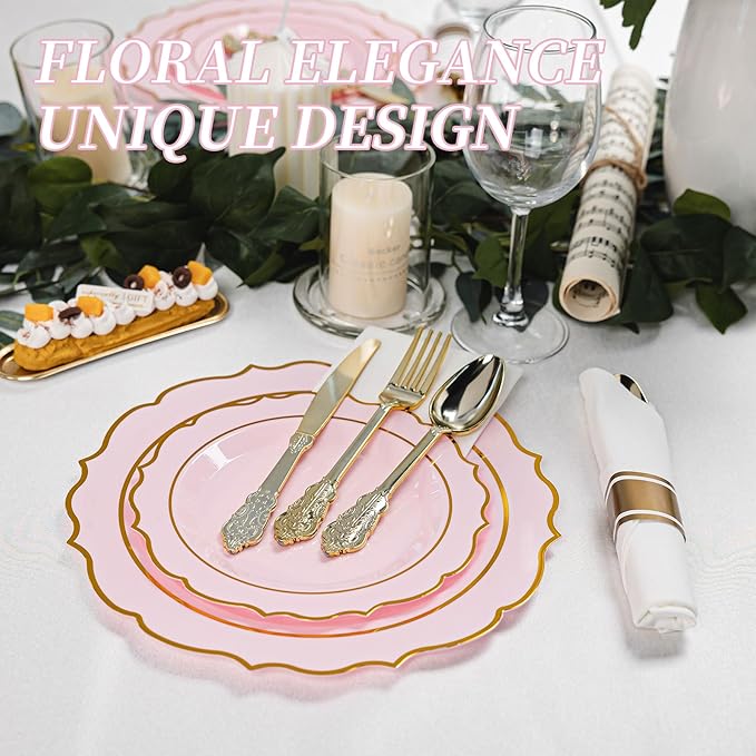 350PCS Pink Plastic Plates, Gold Plastic Dinnerware Sets for 50 Guests, Include 100 Disposable Plates, 50 Cups and 50 Pre Rolled Napkins for Mother's Day, Party and Wedding