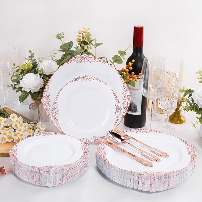 Bestluck 100 PCS White and Rose Gold Plastic Plates for 50 Guests, Rose Gold Disposable Plates Include 50 PCS Dinner Plates, 50 PCS Dessert Plates for Party, Wedding and Baby Shower