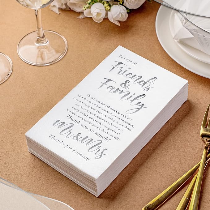100 Pcs Wedding Napkins Mr & Mrs Dinner Napkins for Reception Disposable Decorative Towels for Wedding Shower Banquet Rehearsal Dinner Decor (Silver)