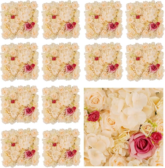 3D Flower Wall Backdrop - 12Pcs 15×15 Inch Artificial Rose Panels Champagne & Red Silk Floral Decor for Home Party Wedding Anniversary Birthday Photographic Studio Background & Decorative Fences
