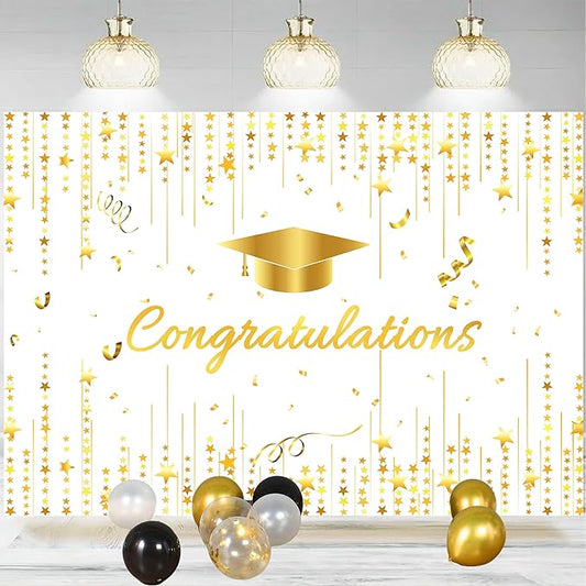 Congratulations Graduate Backdrop 9x6 FT White and Gold Class of 2026 Graduation Party Backdrops for Photography Congrats Grad Prom Banner Decorations Background Photo Booth Props