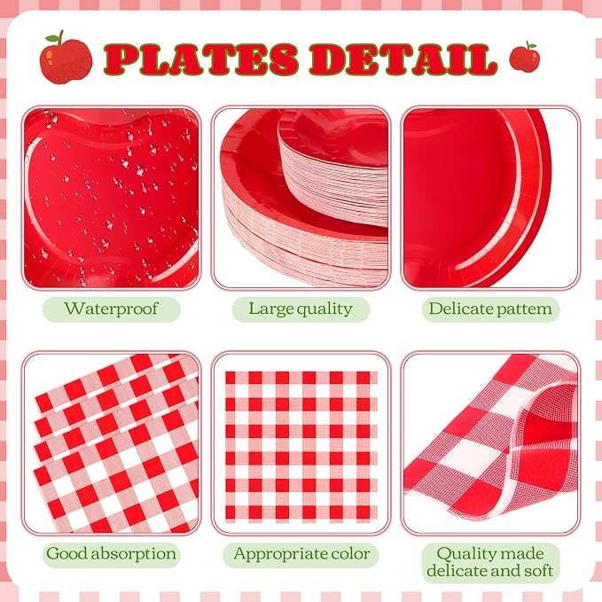 400 Pcs Back to School Party Supplies Serve 50, Apple Paper Plates Napkins Cups Apple Decoration Red Gingham Tableware Set for Last/First Day of School Party Supplies