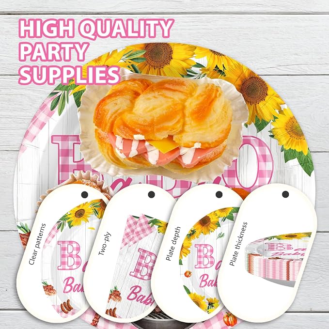 96Pcs Baby Q Baby Shower Party Decorations Pink BBQ Plates and Napkins Pink Gingham Tableware Set for Girls BabyQ Picnic Themed Birthday Gender Reveal Party Supplies, Serves 24