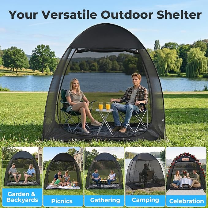 Alvantor® Pop Up Screen House Tent 6x6 FT, Snap-fit Black Mesh Screen Gazebo with Peaked Roof, Portable Screen Room Canopy Shelter with Sunshade & Sandbags for Camping, Backyard, Picnic