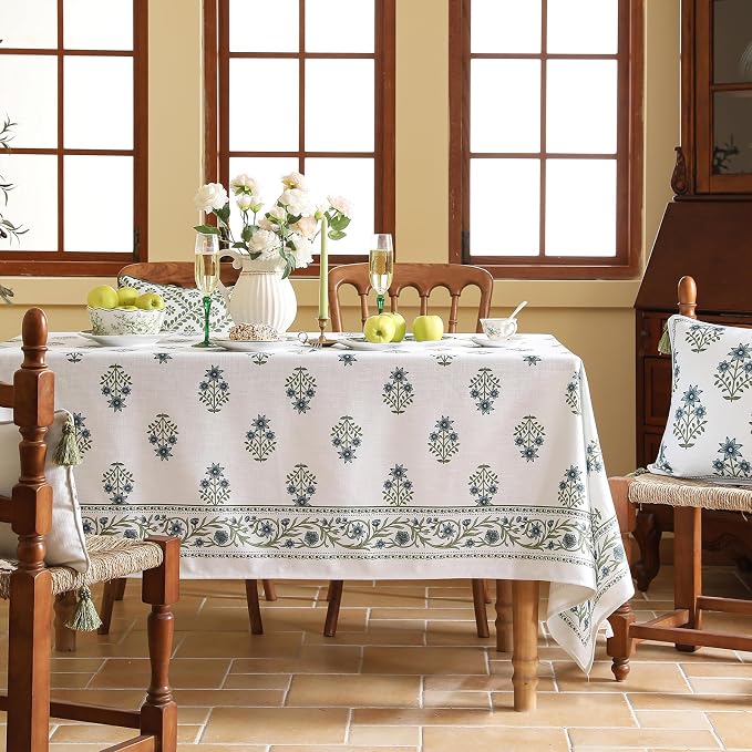ISAENNE Designer French Linen Rectangular Tablecloth,87"x55"-Mosella F | Vintage Elegant Table Cloth Rectangle Table,Floral Pattern,Durable,Heavyweight,Dining,Kitchen,Tea Party,Thanksgiving