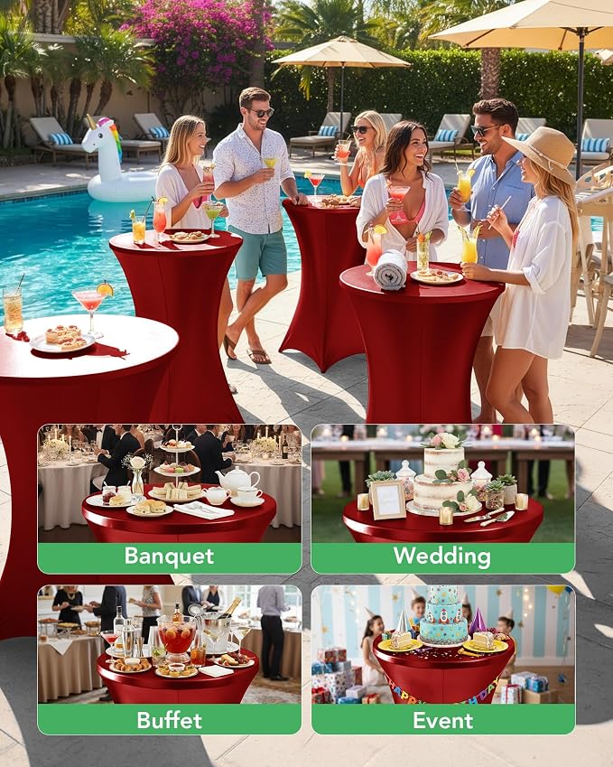 Cocktail High Top Table Covers - 32x43 Inch Fitted Spandex Round Cocktail Tablecloth for Bar Height Standing Table Cloths Reusable, for Party Wedding Banquet Event Decorations, Shiny Red, 8 Pack