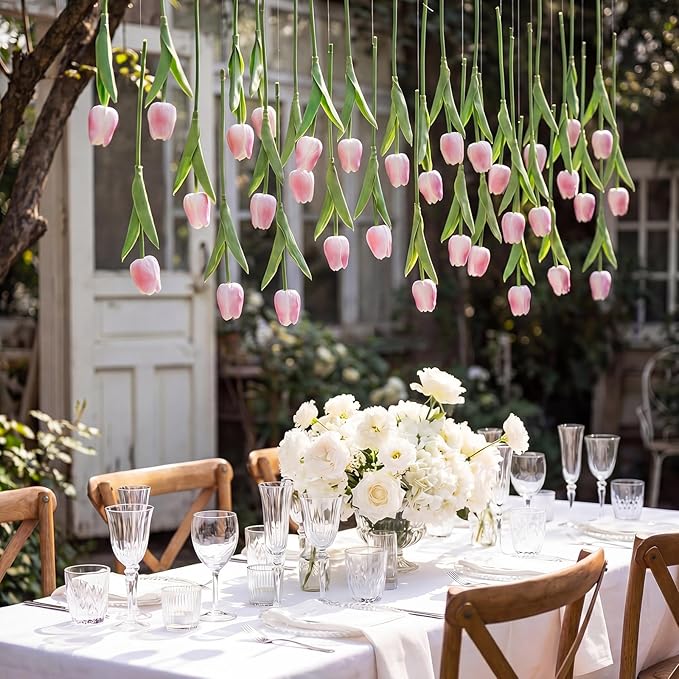 24 Pack Light Pink 5 ft Artificial Tulips Hanging Flower Garland Decorations Spring Summer Dangling Faux Tulip Floral Vine Strings with Hooks for Wall Ceiling Wedding Tea Party