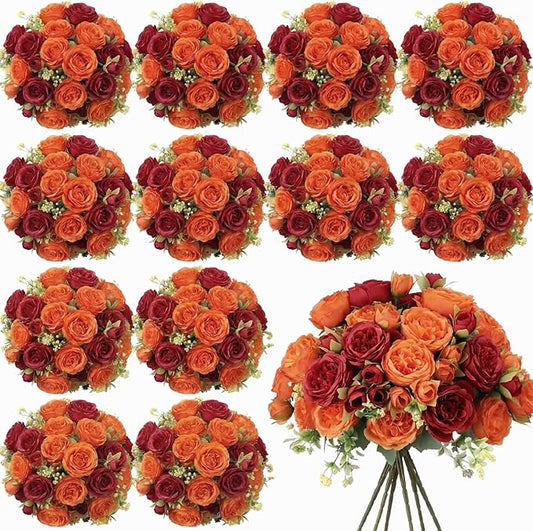Geosar 16 Bundles Artificial Peonies Flowers Fake Silk Peony Bouquet Faux Peonies Flowers Bulk for Decoration Vase Floral Arrangements Wedding Party Table (Orange,Dark Red)