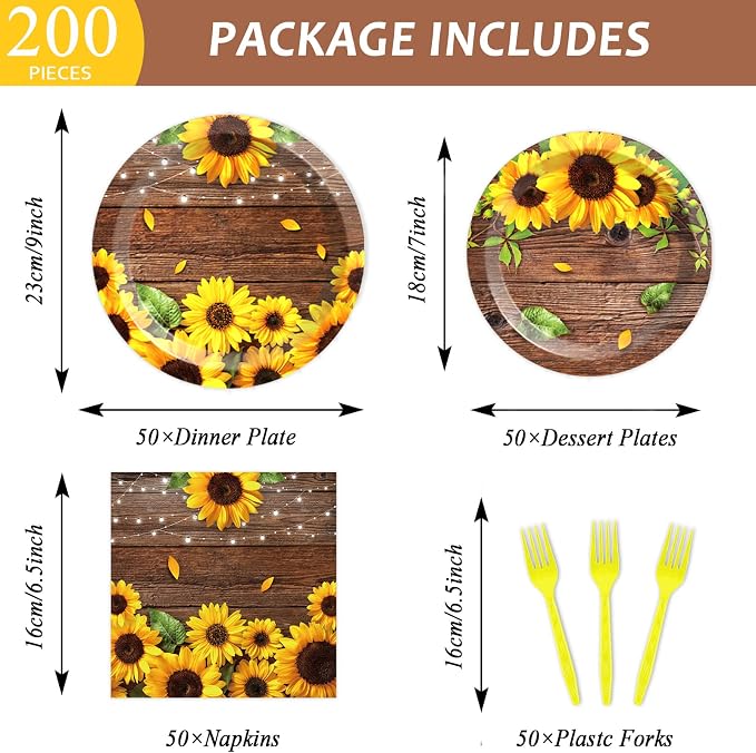200PCS Sunflower Paper Plates and Napkins Sunflower Birthday Party Decoration Hoedown Party Decorations Supplies with Wood Land Background Bridal Baby Shower Tableware Brown Country Rustic Style