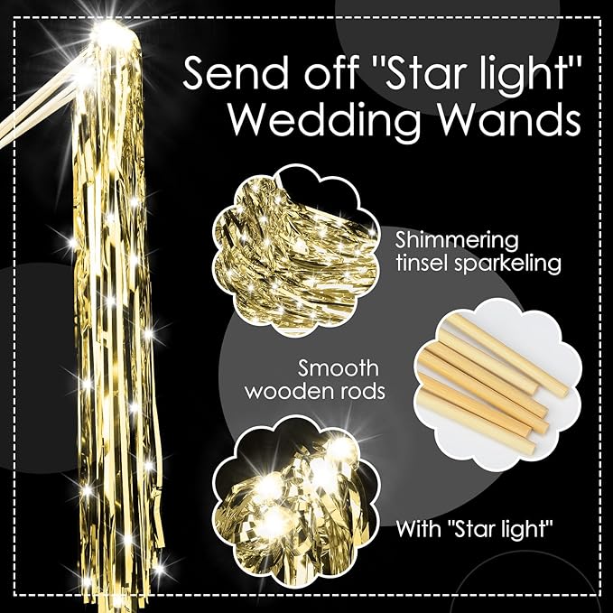 Simgoing 100 Pcs Lighted Wedding Wands LED Tinsel Wands Light up Streamers Sparklers for Wedding Send Off and Exits Birthday Party Props Favors(Gold)