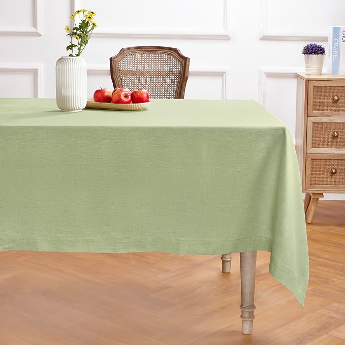 Solino Home Linen Tablecloth 60 x 108 Inch - 100% Pure Linen Chambray Olive Table Cloth for Rectangle Tables - Athena, Machine Washable Tablecloth for Summer