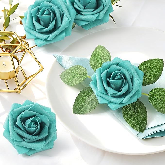Mocoosy 50Pcs Rose Artificial Flowers, Teal Green Fake Roses for Decorations, Real Touch Foam Roses Bulk with Stem DIY Wedding Bouquet Mother's Day Floral Arrangement Bridal Shower Party Home Decor