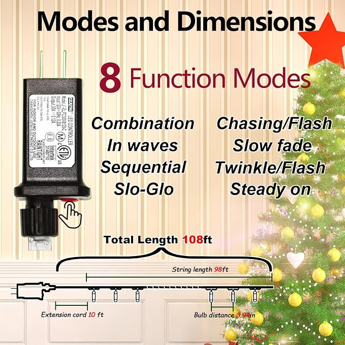300 Led Red Green String Lights Outdoor Waterproof Christmas Decorations, 108 Ft Fairy Lights for Bedroom, 8 Modes Plug in Christmas Lights for Outside Room Decor