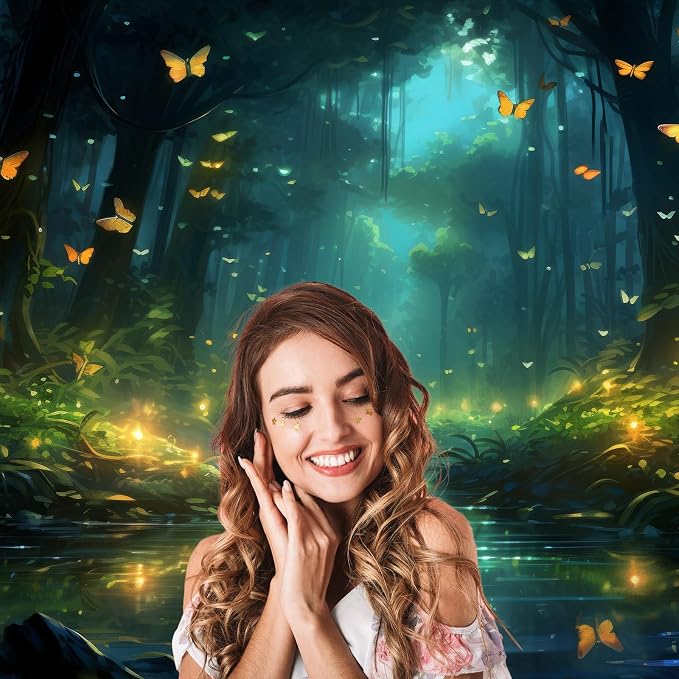 Fantasy Stream Backdrop Night Magical Forest Luminous Butterfly Stream Photography Background Rainforest Jungle Tree Natural Landscape Backdrop Decors Night Wonderland Background Props 5x3ft