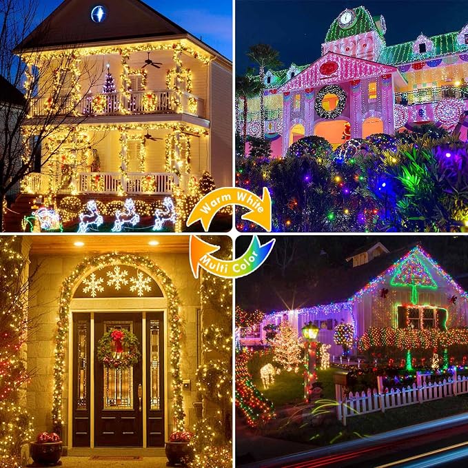 Warm White to Multicolor Color Changing 200 LED 66FT Connectable Christmas String Lights for Outdoor Indoor, 11 Modes Christmas Tree Clear Wire Fairy Waterproof Lights with Memory & Remote & Timer
