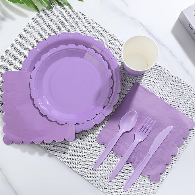 175 Pcs Lavender Paper Plates and Napkins, Light Purple Party Supplies Include Scalloped Party Plates Napkin Cup Plastic Cutlery for Girls Birthday, Bridal Baby Shower, Wedding