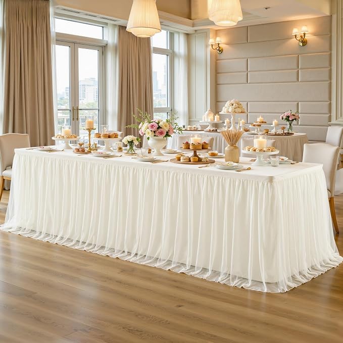 2 Pack Ivory Tablecloths for 8 Foot Rectangle Tables with Tulle Table Skirt Wedding Table Cover Stretchy Fitted Ruffle Tutu Tablecloth for Baby Shower Reception Birthday Parties Celebration Banquet