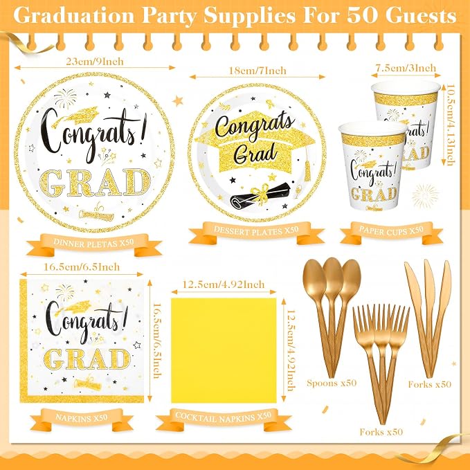 Domensi 400 Pcs 2026 Graduation Decorations Plates and Napkins and Cups Set Serve 50, White and Gold Graduation Party Supplies, Class of 2026 Paper Tableware 9oz Cup Knife Fork Spoon Congrats Grad
