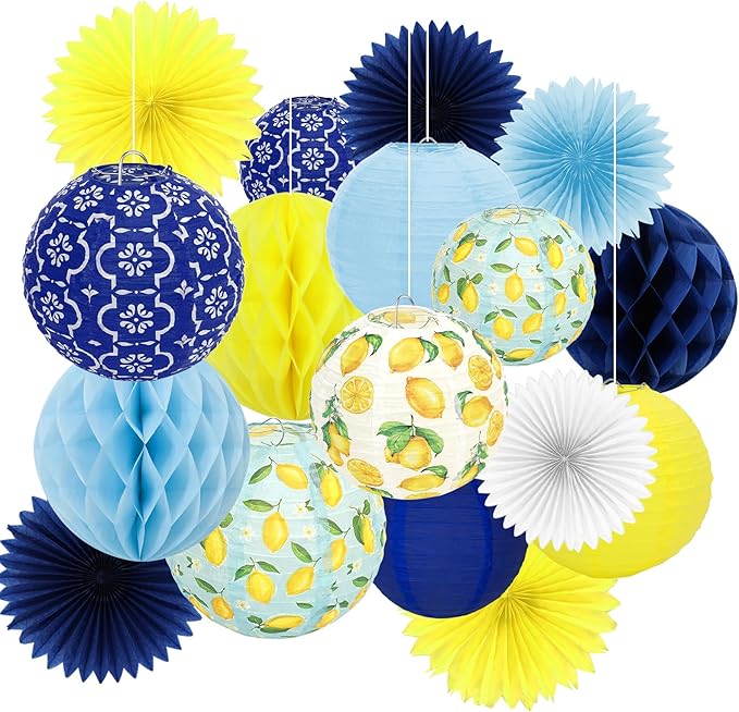 FYSUIMU 18Pcs Capri Lemon Paper Lantern Set Blue Yellow Hanging Lanterns with Honeycomb Balls Paper Fans for Summer Mediterranean Birthday Wedding Baby Shower