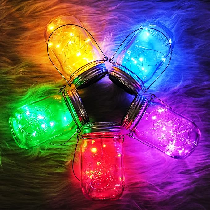 Solar Light for Mason Jars 20 LED Outdoor Fairy String Light Lids with Hangers for Jar Lantern Waterproof Rust Resist for Patio Lawn Garden Decor No Jars 10 Pack (Red, Blue, Green, Purple,Yellow)