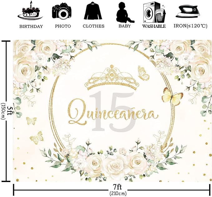 Quinceañera Backdrop 7Wx5H Feet Polyester Fabric Mis Quince 15 Anos Birthday Party Decorations Supplies for Girl Princess White Floral Gold Crown Butterfly Photography Background Props