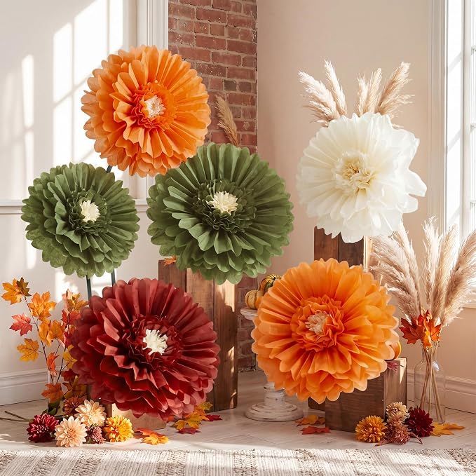 Giegxin 6 Pcs Giant Fall Paper Flowers Pumpkin Orange Sage Green Tissue Pom Poms Autumn Crepe Paper Flowers for Fall Wedding Baby Shower Birthday Boho Bridal Shower Backdrop Party Decorations