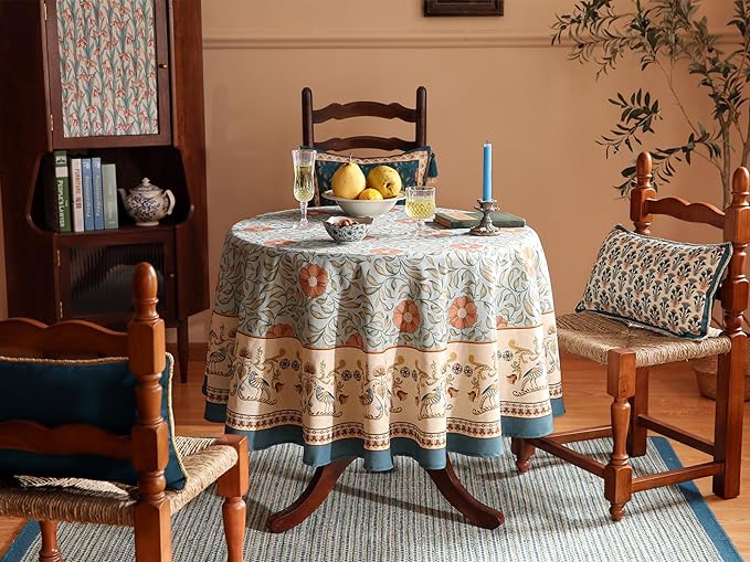 patdrea Vintage French Linen Tablecloth,Round,Diameter 67"-Wensel | Italian Provencal Table Cloth for Round Table,Colorful Floral Patterned,Dining Room Tea Party Thanksgiving Decor