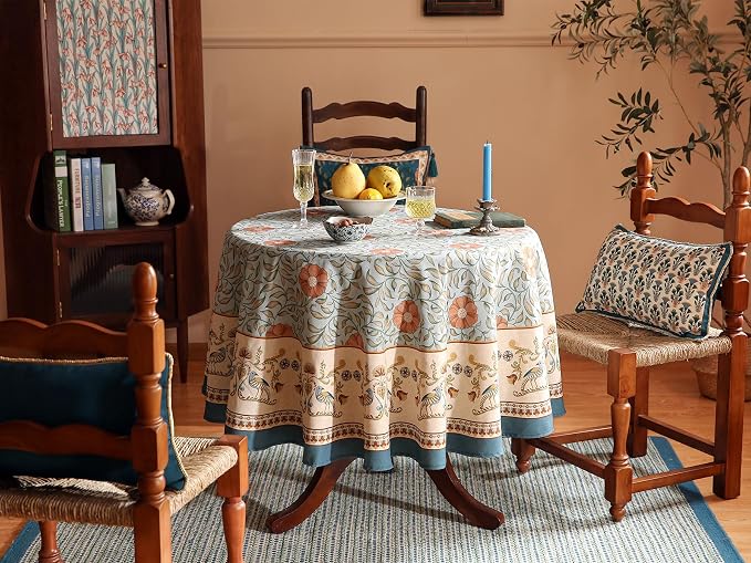patdrea Vintage French Linen Tablecloth,Round,Diameter 55"-Wensel | Italian Provencal Table Cloth for Round Table,Colorful Floral Patterned,Dining Room Tea Party Thanksgiving Decor
