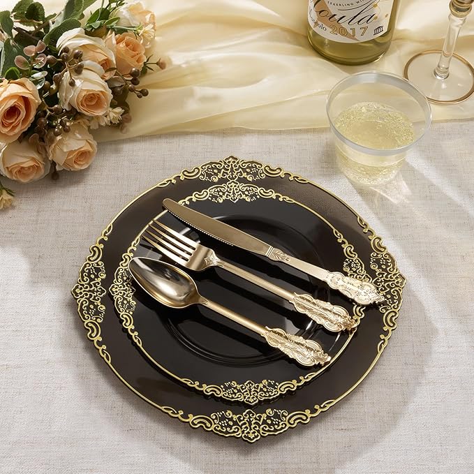 Goodluck 250 PCS Vintage Translucent Black & Gold Rim Plastic Plates with Cutlery Set - Serves 50 - Heavy Duty Elegant Disposable Dinnerware for New Years Eve, Halloween, Gatsby Party