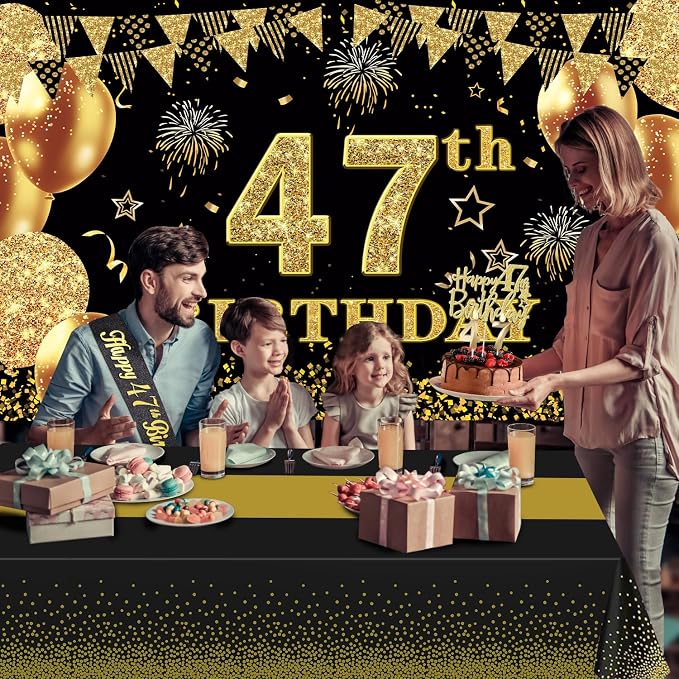 47th Birthday Decorations Men Women with 47th Birthday Banner, Black and Gold Table Cloth, Number Balloons, Large Sash, Cake Topper and Candles