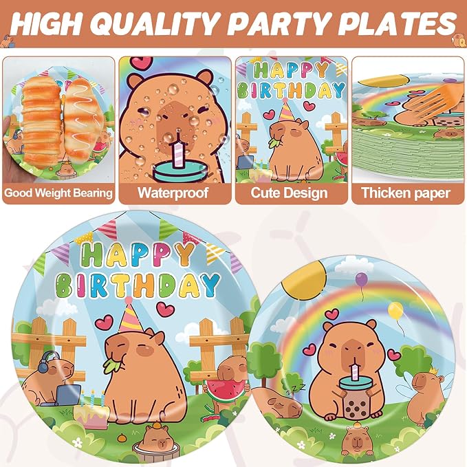 96PCS Capy Themed Bara Birthday Party Supplies Cute Cartoon Capy Paper Plates and Napkins Kapybara Themed Disposable Tableware Animal Dinnerware Decorations Set for Kids Birthday Baby Shower Serves24