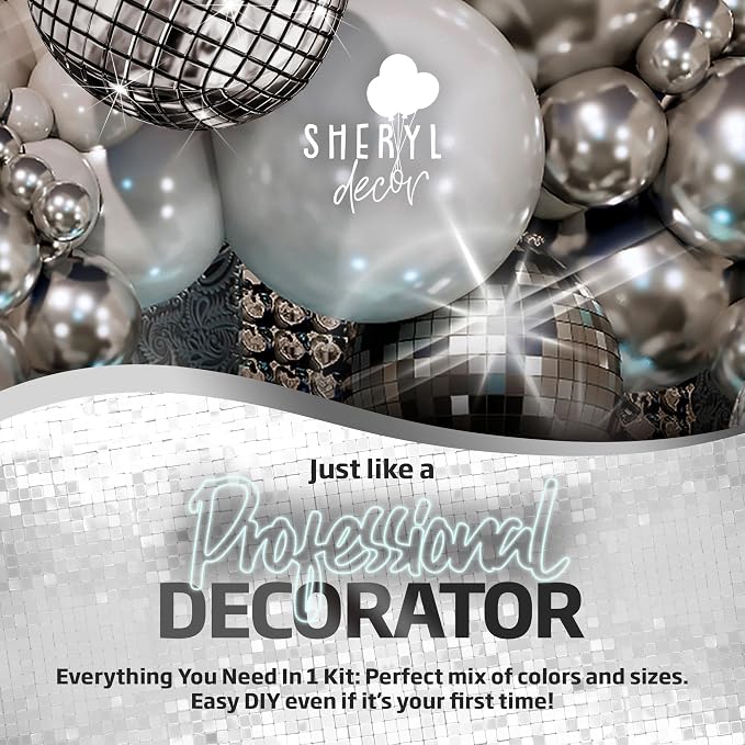 ALL-IN-1 Disco Balloon Arch Kit with BONUS Disco Ball Balloon for Party Decorations - Silver & White Balloons Garland for Disco Ball Party Decoration & Silver Party Decorations -Disco Balloons
