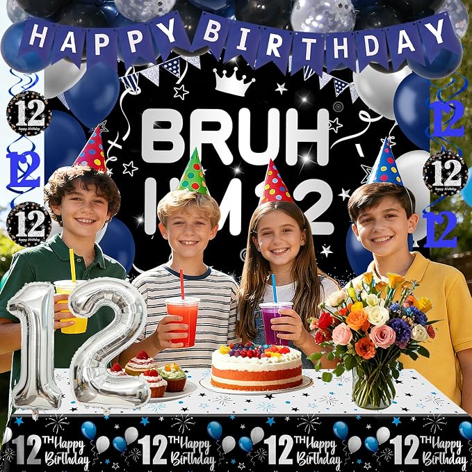 12th Birthday Decorations for Boys & Girls, 54 PCS Blue Black Party Decorations, 12 Year Old Boy Birthday Party Supplie with Banner Backdrop, Hanging Swirls, Tablecloth, Bruh I'm 12 Party Supplies
